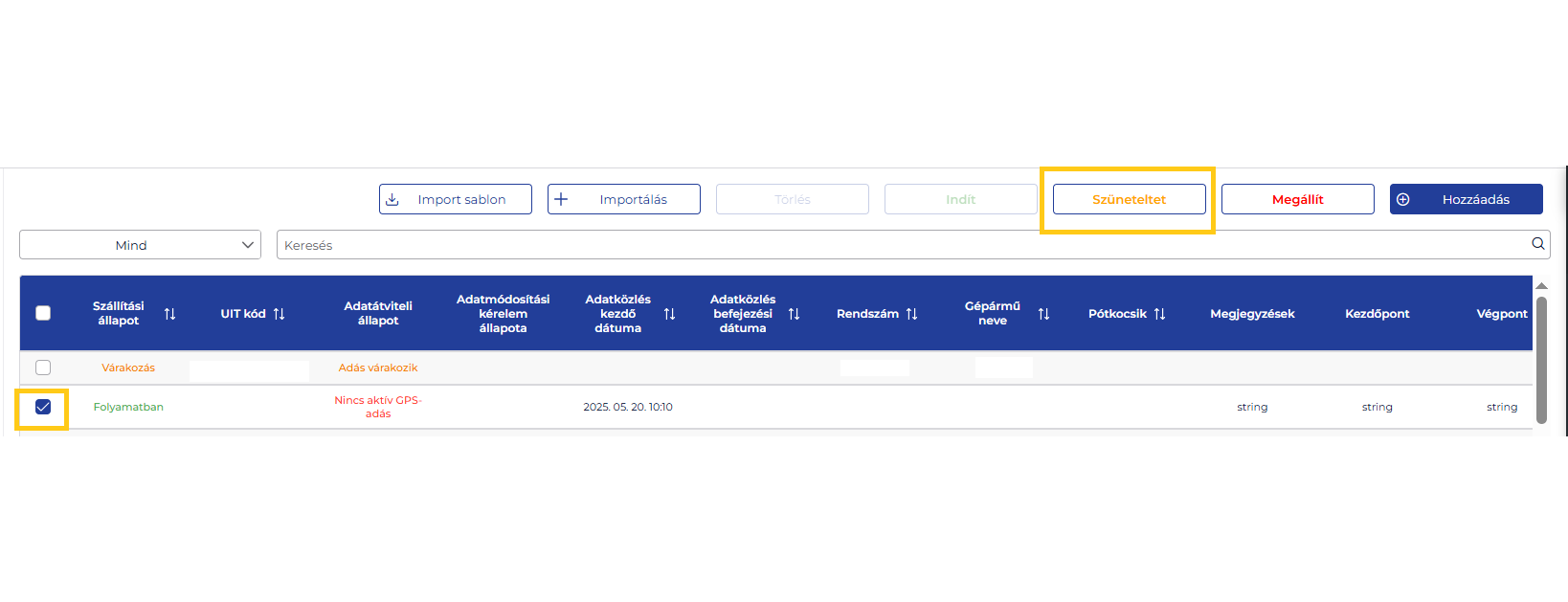 lista szüneteltetése